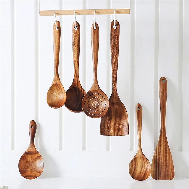 Kit Utensílios de Cozinha 7 Peças de Madeira Oferlar