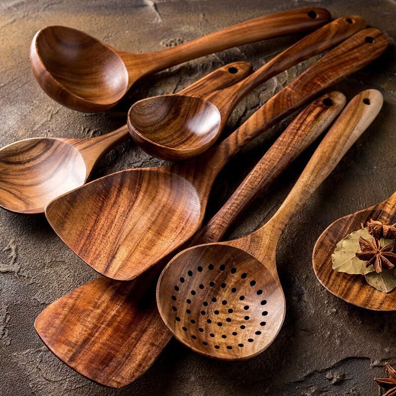 Kit Utensílios de Cozinha 7 Peças de Madeira Oferlar