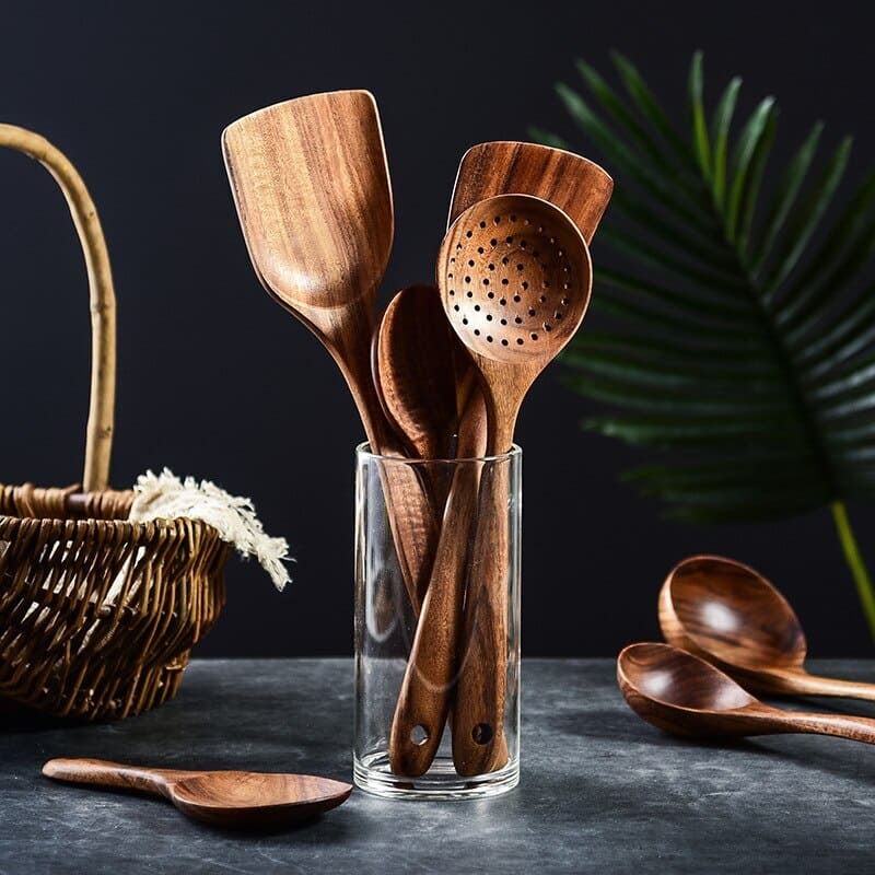 Kit Utensílios de Cozinha 7 Peças de Madeira Oferlar