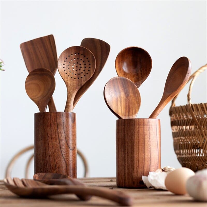 Kit Utensílios de Cozinha 7 Peças de Madeira Oferlar