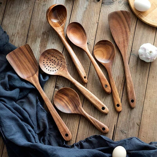 Kit Utensílios de Cozinha 7 Peças de Madeira Oferlar