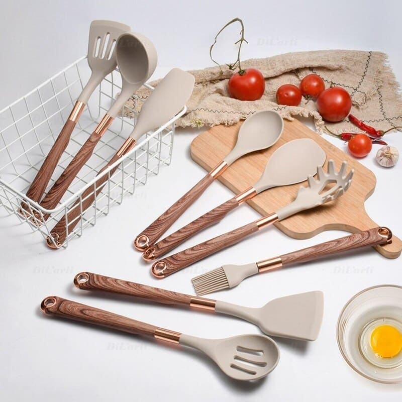 Kit Utensílios de Cozinha Silicone 10 Peças Com Organizador Rosé Oferlar