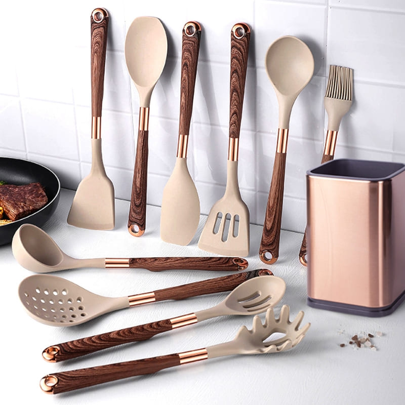 Kit Utensílios de Cozinha Silicone 10 Peças Com Organizador Rosé Oferlar