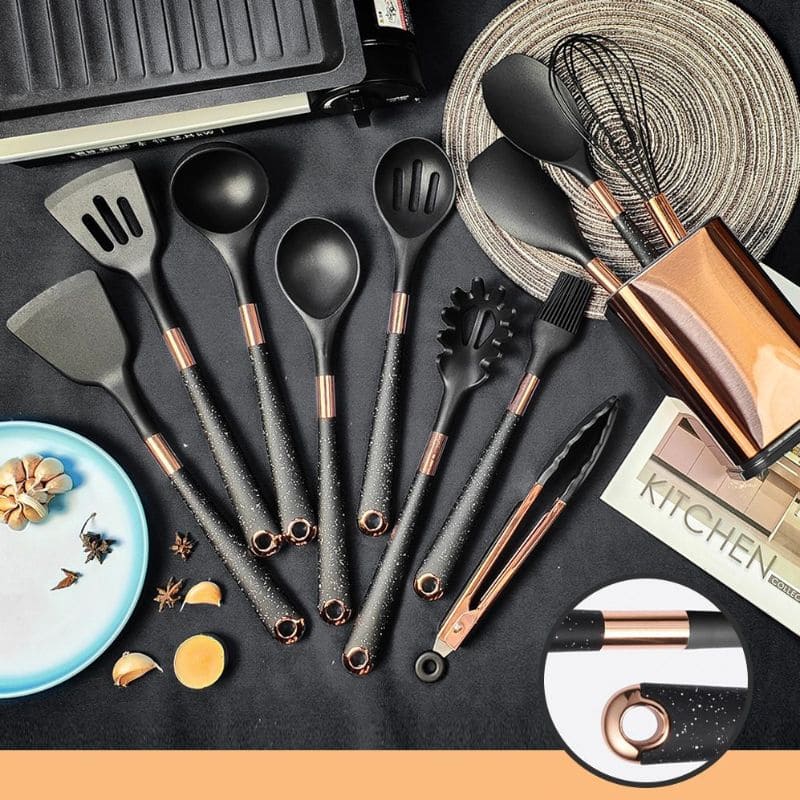 Kit Utensílios de Cozinha Silicone 10 Peças Com Organizador Rosé Oferlar