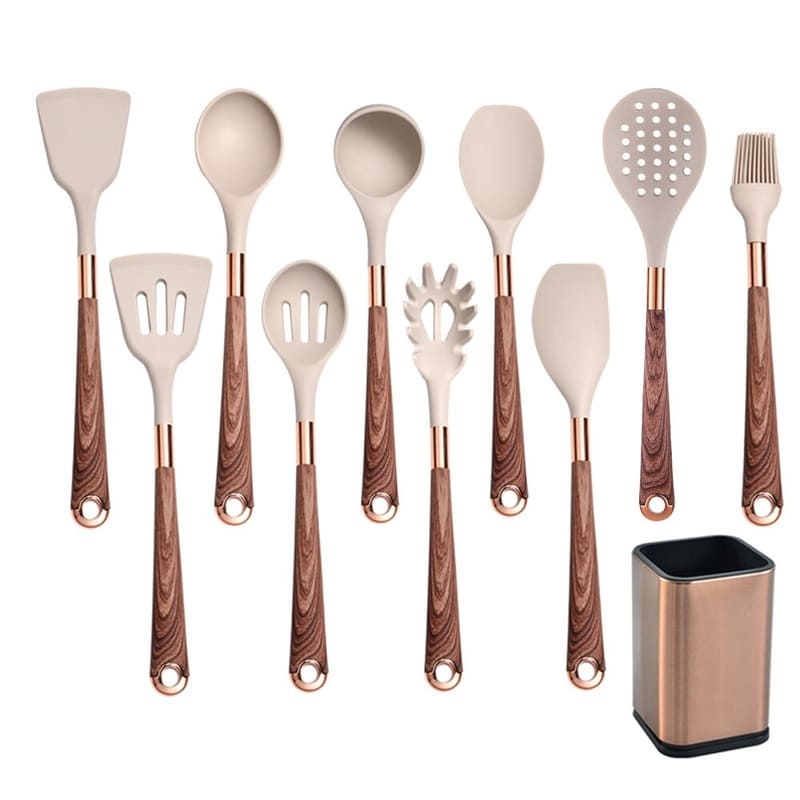 Kit Utensílios de Cozinha Silicone 10 Peças Com Organizador Rosé Oferlar